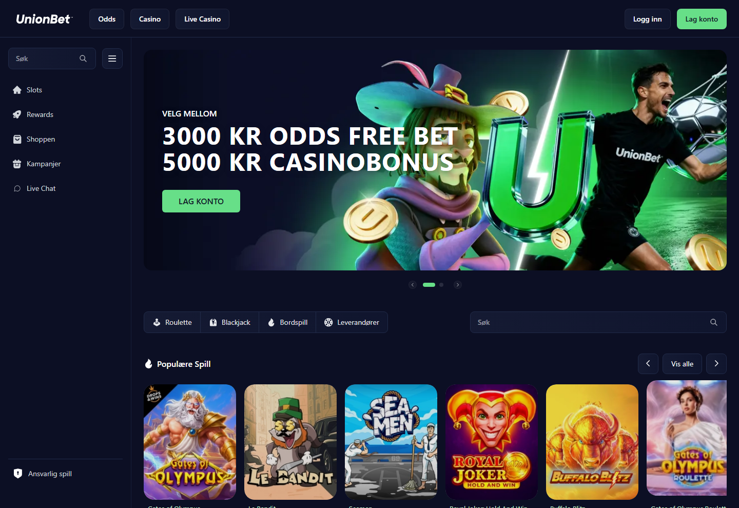 Den norske forsiden på unionbet.com, skjermbilde 26. august 2026