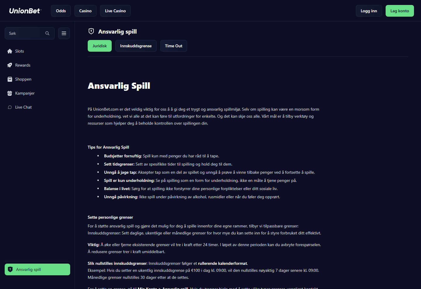Siden om ansvarlig spill på unionbet.com, skjermbilde 26. august 2026